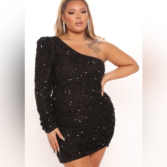 NWT Fashion Nova Black Sequin Asymmetrical Bodycon Dress - Picture 1 of 13